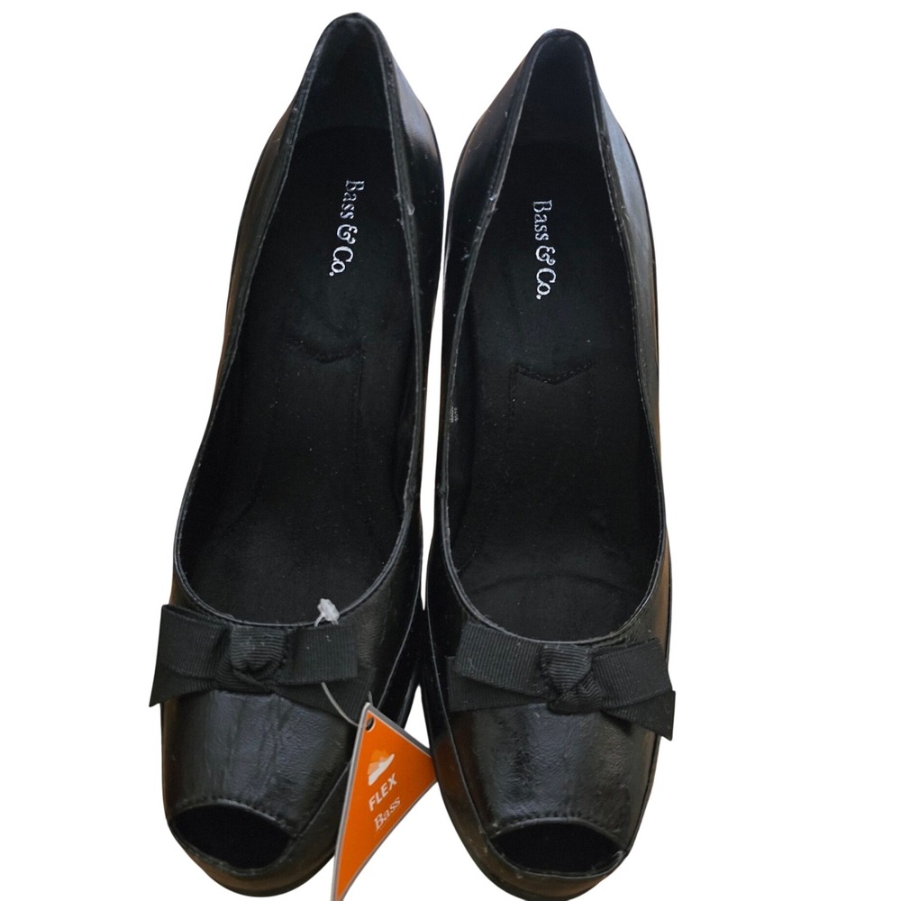 Bass & Co Flex Womens Black Peep Toe Bow Platform Pumps Heels Size 9.5 M